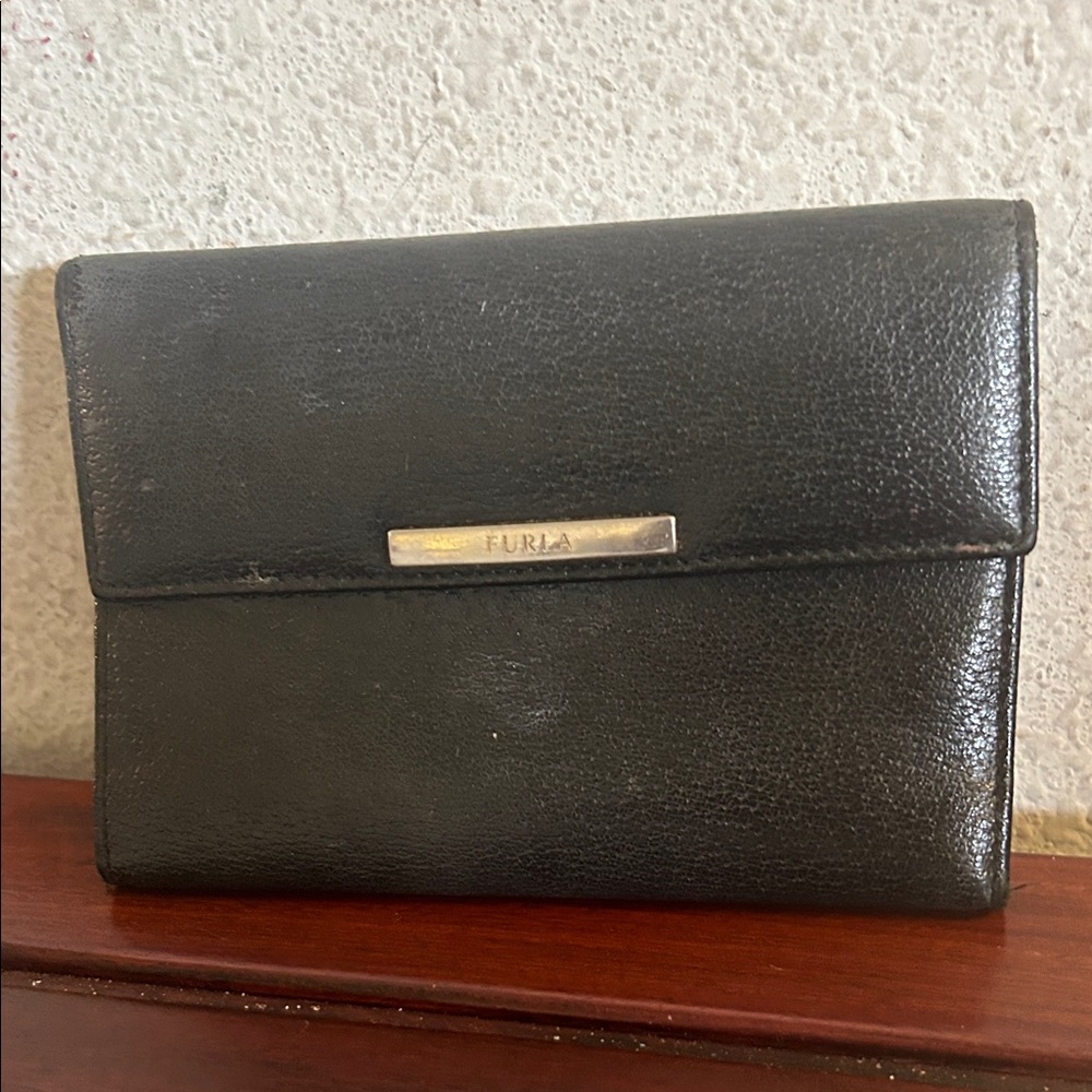 Furla Black Leather Fold Wallet with Silver Accent